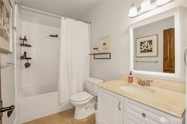 full bathroom with toilet, tile patterned floors, shower / bathtub combination with curtain, and vanity