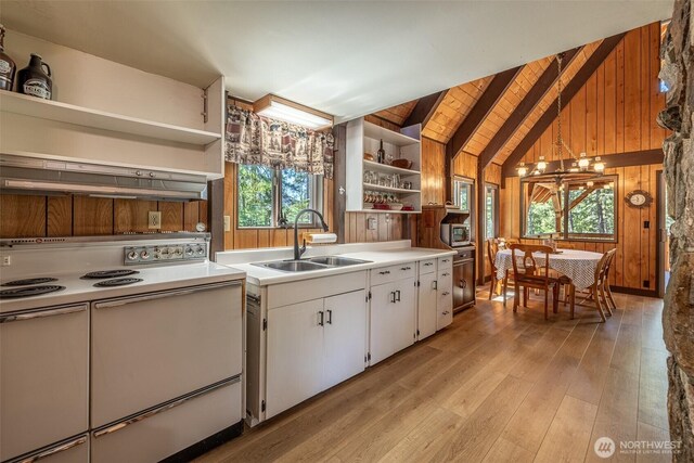 2684 Cedar Crst, Leavenworth, WA 98826 - kitchen with open shelves, electric stove, a sink, light wood-style floors, and white cabinetry