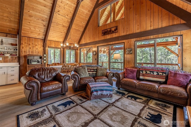 2684 Cedar Crst, Leavenworth, WA 98826 - living room featuring high vaulted ceiling, wooden walls, beam ceiling, light wood-style floors, and wooden ceiling
