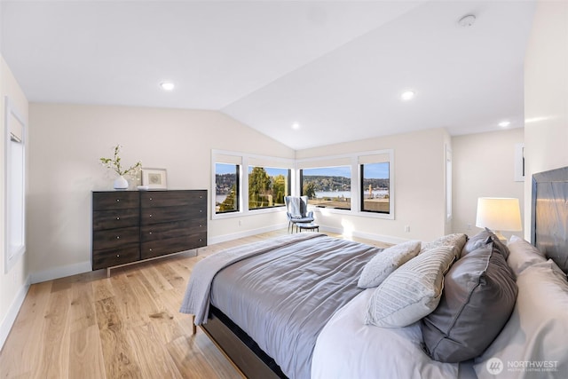 bedroom with recessed lighting, baseboards, lofted ceiling, and light wood-type flooring