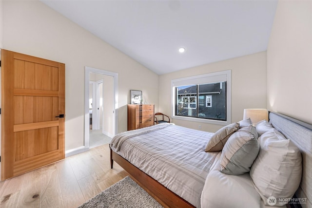 bedroom with recessed lighting, baseboards, vaulted ceiling, and light wood-style flooring