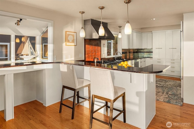 kitchen featuring ventilation hood, a sink, light wood finished floors, and dark countertops