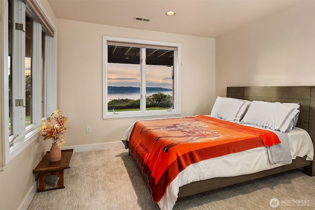 bedroom featuring carpet floors, multiple windows, baseboards, and recessed lighting