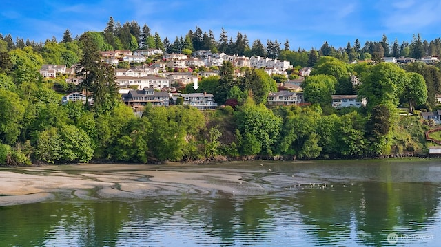 water view featuring nearby suburban area and a tree filled landscape