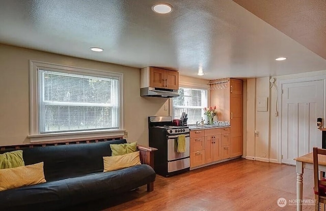 kitchen featuring a sink, recessed lighting, under cabinet range hood, light wood-style flooring, and gas range