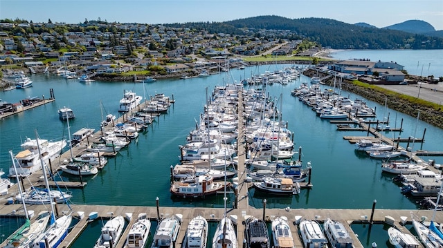 drone / aerial view of a marina and a water and mountain view