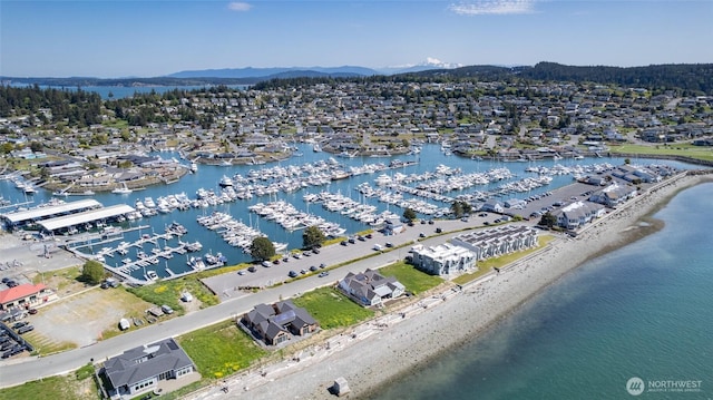 aerial view of a marina and a water and mountain view
