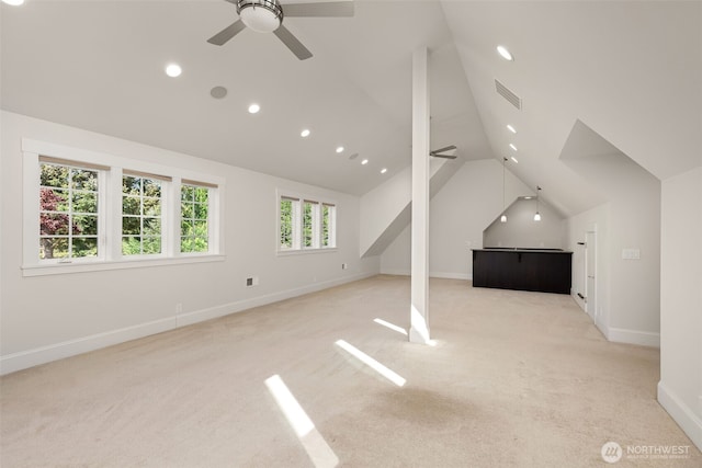 11281 Fieldstone Ln NE, Bainbridge Island, WA 98110 - additional living space featuring a ceiling fan, light carpet, vaulted ceiling, recessed lighting, and baseboards