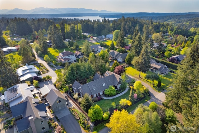 11281 Fieldstone Ln NE, Bainbridge Island, WA 98110 - aerial perspective of suburban area with a heavily wooded area and a mountainous background