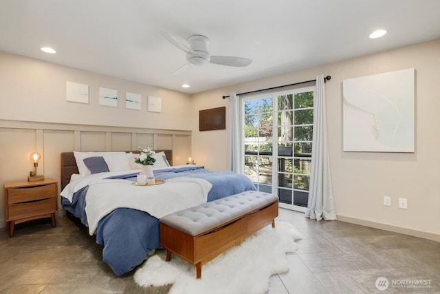 bedroom with access to outside, recessed lighting, ceiling fan, and baseboards