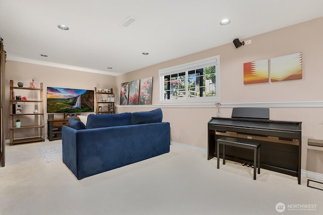 living room featuring carpet flooring, baseboards, and recessed lighting
