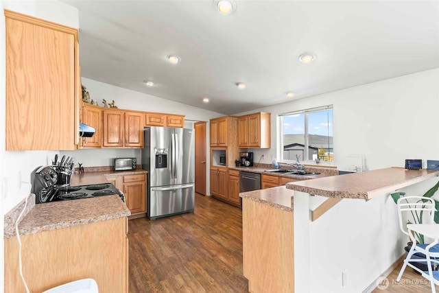 kitchen with a peninsula, a kitchen breakfast bar, range hood, a sink, and appliances with stainless steel finishes