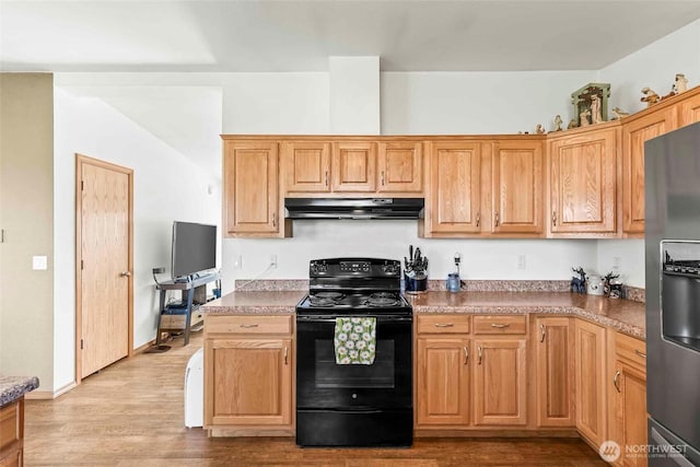 kitchen featuring black electric range, stainless steel fridge with ice dispenser, under cabinet range hood, and wood finished floors