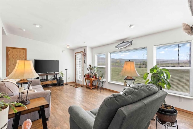 living area with baseboards and light wood-style floors