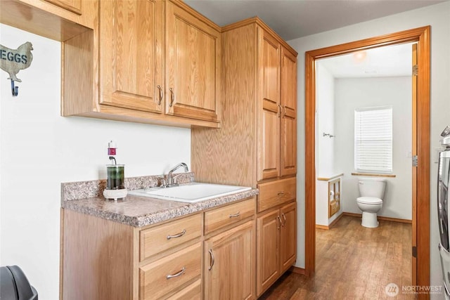 interior space with baseboards, a sink, wood finished floors, and light countertops