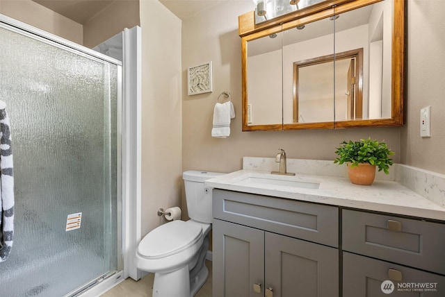 bathroom featuring vanity, a stall shower, and toilet
