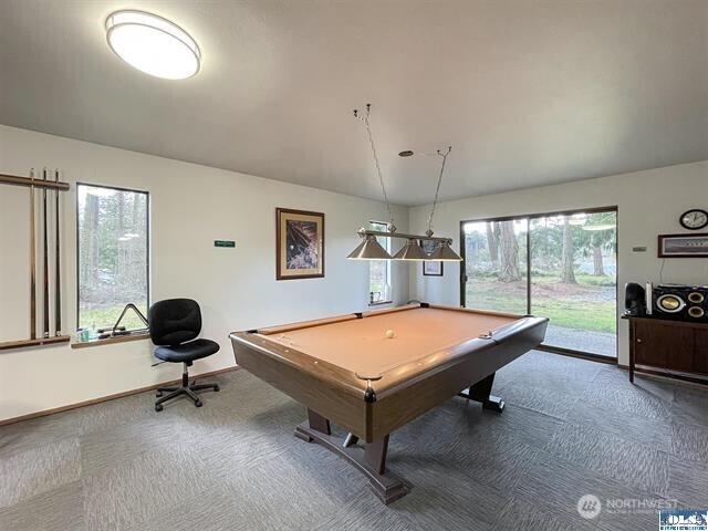 240 Parkwood Blvd, Sequim, WA 98382 - playroom featuring carpet flooring, lofted ceiling, billiards table, and baseboards