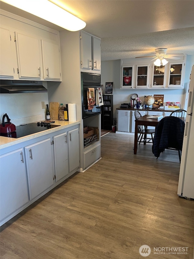 240 Parkwood Blvd, Sequim, WA 98382 - kitchen featuring under cabinet range hood, black appliances, light countertops, a ceiling fan, and a textured ceiling