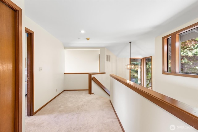 14320 2nd Ave NE, Marysville, WA 98271 - corridor with an upstairs landing, light colored carpet, a chandelier, baseboards, and recessed lighting