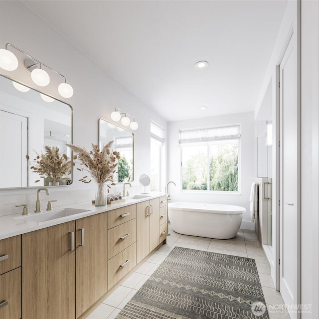 7506 18th Ave NW, Seattle, WA 98117 - full bathroom featuring double vanity, a sink, a freestanding bath, and tile patterned floors