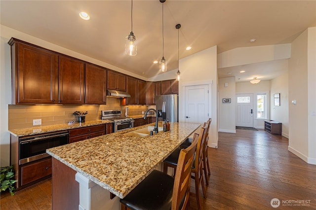 1602 Latitude Cir, Anacortes, WA 98221 - kitchen with appliances with stainless steel finishes, a sink, under cabinet range hood, dark wood finished floors, and lofted ceiling