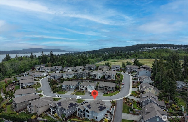 1602 Latitude Cir, Anacortes, WA 98221 - aerial view of residential area with a heavily wooded area and a mountain backdrop