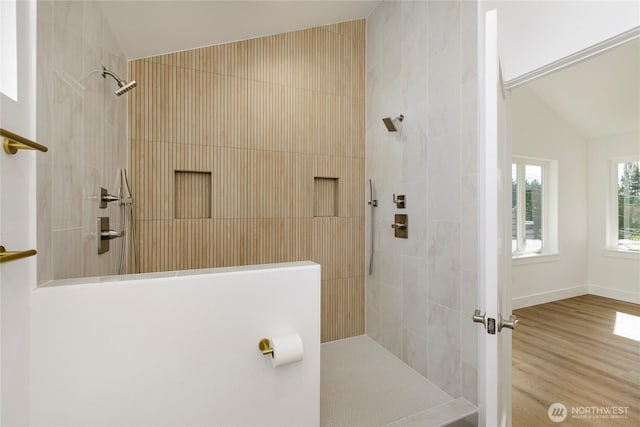 9253 6th Ave NW, Seattle, WA 98117 - full bath featuring a walk in shower, wood finished floors, and vaulted ceiling