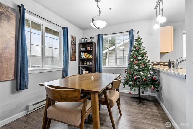 dining room featuring baseboards, a baseboard radiator, and dark wood finished floors