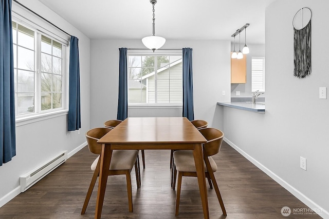 2709 Maplewood Ave Unit 304, Bellingham, WA 98225 - dining room featuring baseboard heating, baseboards, and dark wood-type flooring