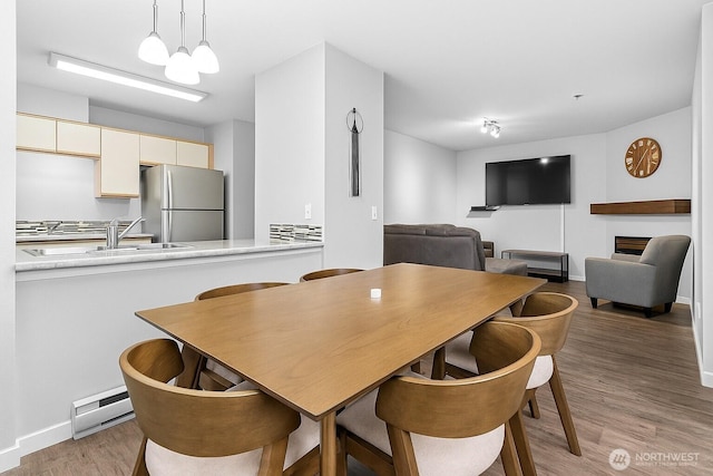 2709 Maplewood Ave Unit 304, Bellingham, WA 98225 - dining room featuring a baseboard heating unit, light wood-style floors, and baseboards