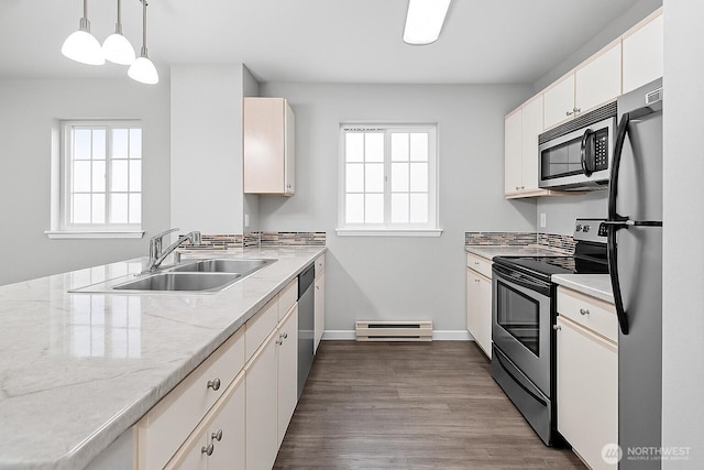 2709 Maplewood Ave Unit 304, Bellingham, WA 98225 - kitchen featuring appliances with stainless steel finishes, baseboard heating, a sink, baseboards, and wood finished floors