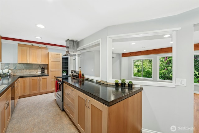 24005 SE 132nd Way, Issaquah, WA 98027 - kitchen featuring electric stove, recessed lighting, black dishwasher, island exhaust hood, and backsplash