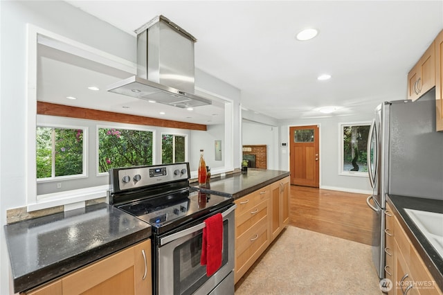 24005 SE 132nd Way, Issaquah, WA 98027 - kitchen featuring appliances with stainless steel finishes, island range hood, recessed lighting, light wood-type flooring, and light brown cabinetry