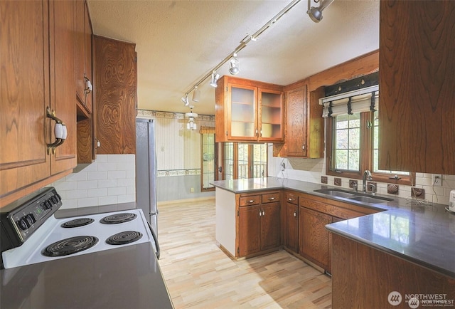 kitchen featuring brown cabinets, a sink, light wood-style flooring, a peninsula, and glass insert cabinets