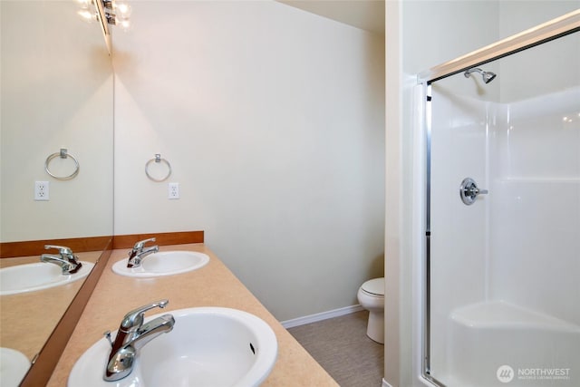 bathroom featuring double vanity, a sink, and a stall shower