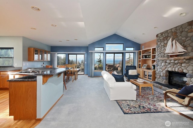 1491 Olympic Heights Ln, Freeland, WA 98249 - living room featuring vaulted ceiling and a stone fireplace