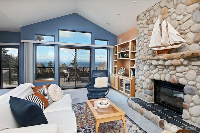 1491 Olympic Heights Ln, Freeland, WA 98249 - living area featuring carpet flooring, lofted ceiling, and a fireplace