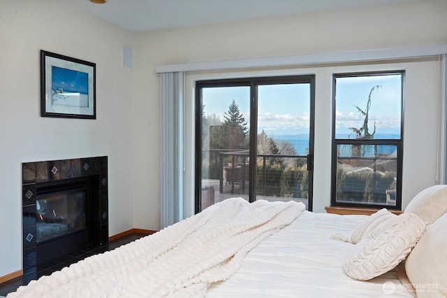 1491 Olympic Heights Ln, Freeland, WA 98249 - bedroom featuring baseboards, wood finished floors, and a fireplace