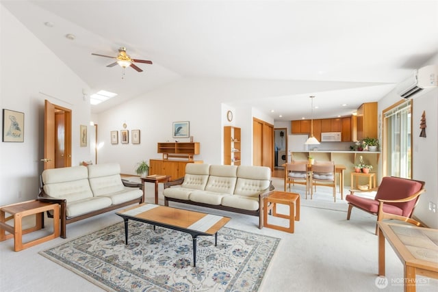 living area with ceiling fan, light carpet, a wall mounted air conditioner, and lofted ceiling