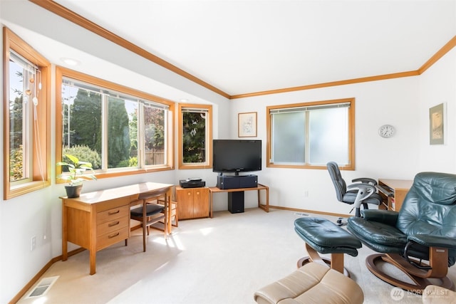 office space with crown molding, baseboards, visible vents, and carpet