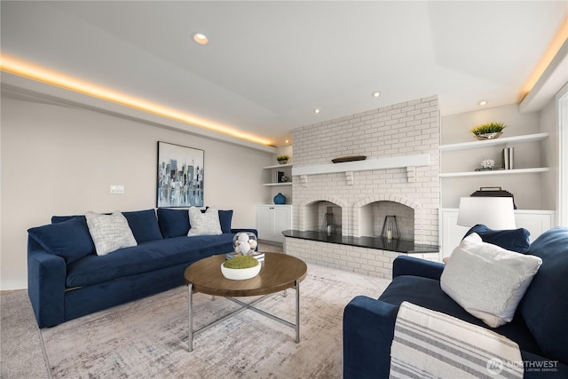 6117 92nd St SW, Mukilteo, WA 98275 - living room with built in features, a brick fireplace, recessed lighting, and baseboards