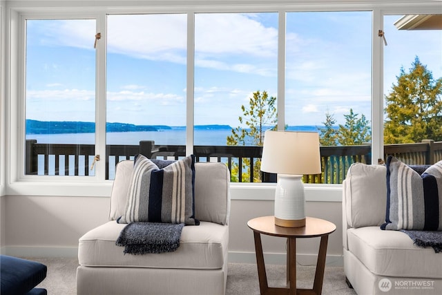 6117 92nd St SW, Mukilteo, WA 98275 - sunroom / solarium with carpet flooring, baseboards, and a water view