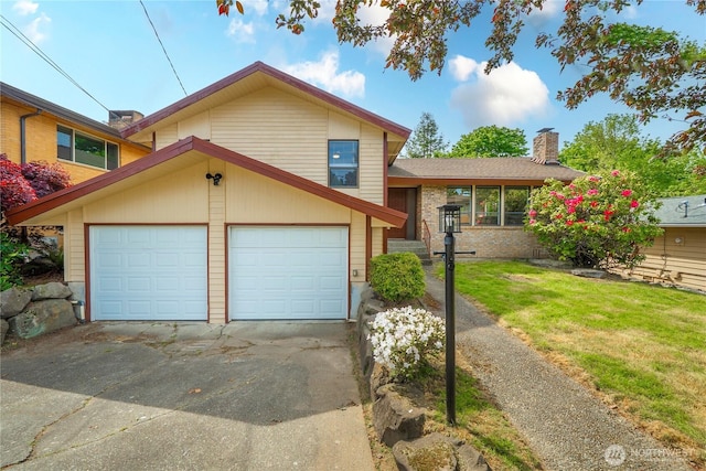 11815 77th Ave S, Seattle, WA 98178 - tri-level home with concrete driveway, a chimney, and a front lawn