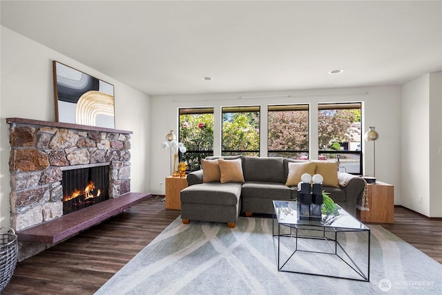 11815 77th Ave S, Seattle, WA 98178 - living room with a stone fireplace, wood finished floors, and recessed lighting