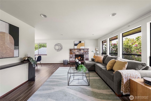 11815 77th Ave S, Seattle, WA 98178 - living area with wood finished floors, a fireplace, and recessed lighting