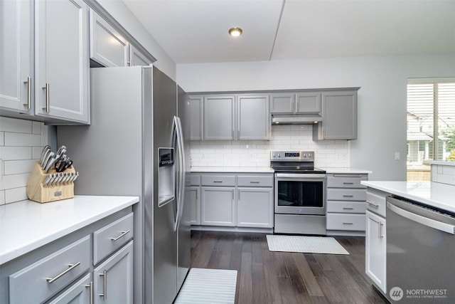 kitchen featuring stainless steel appliances, gray cabinetry, under cabinet range hood, dark wood-type flooring, and decorative backsplash