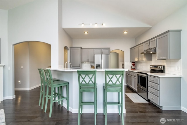 kitchen featuring stainless steel appliances, gray cabinets, under cabinet range hood, vaulted ceiling, and recessed lighting