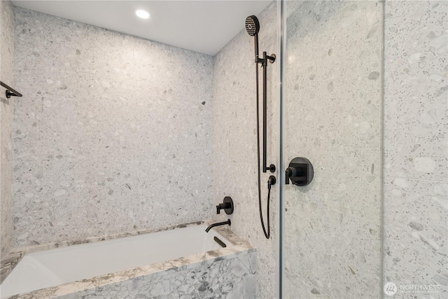 300 Virginia St Unit 2502, Seattle, WA 98101 - room details featuring recessed lighting, a shower, and a tub with marble appearance