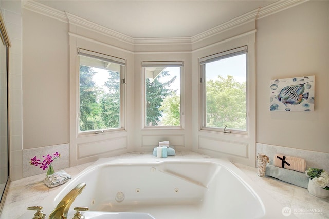 bathroom featuring crown molding and a whirlpool tub