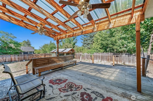 1332 Orchard Ave, Wenatchee, WA 98801 - wooden terrace with ceiling fan and a fenced backyard